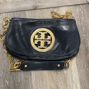 Tory Burch black and gold logo crossbody clutch